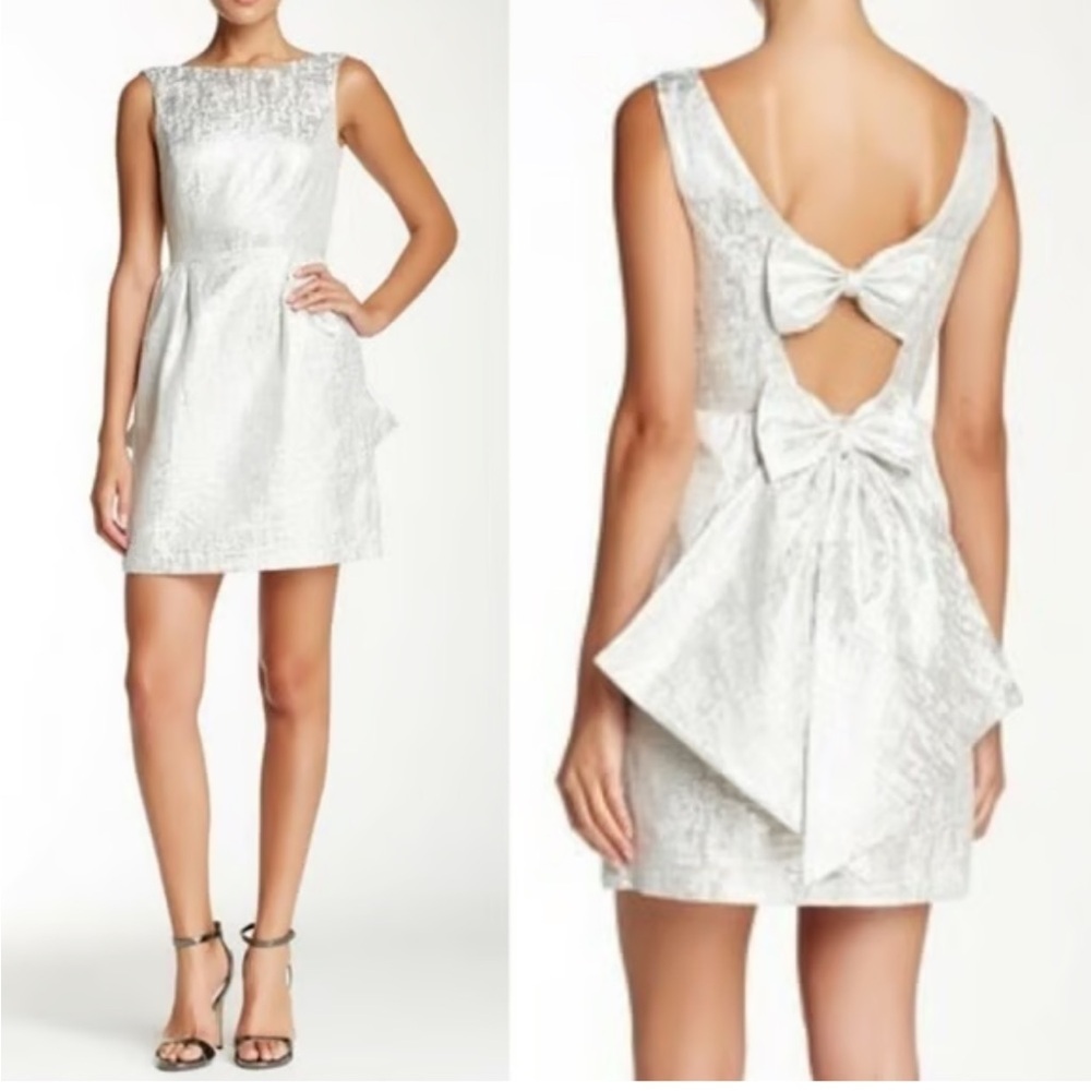 ERIN Fetherston formal cocktail prom metallic silver mini dress bow back open 4